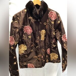 Brown and Gold Bomber Jacket with Floral Design